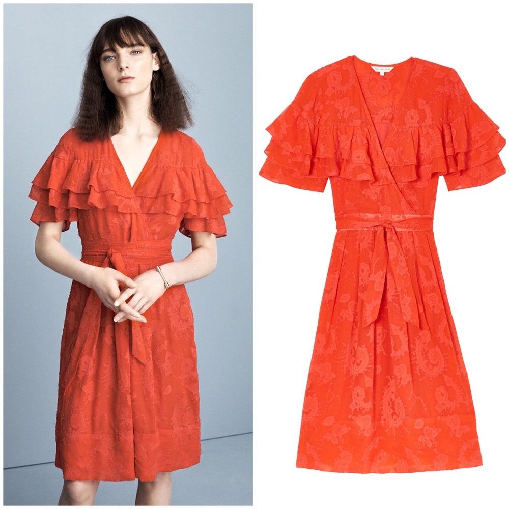 REBECCA TAYLOR Orange Red Ruffle Clipdot Silk Blend Fall Dress 2 Tie Waist Twee - Picture 3 of 7